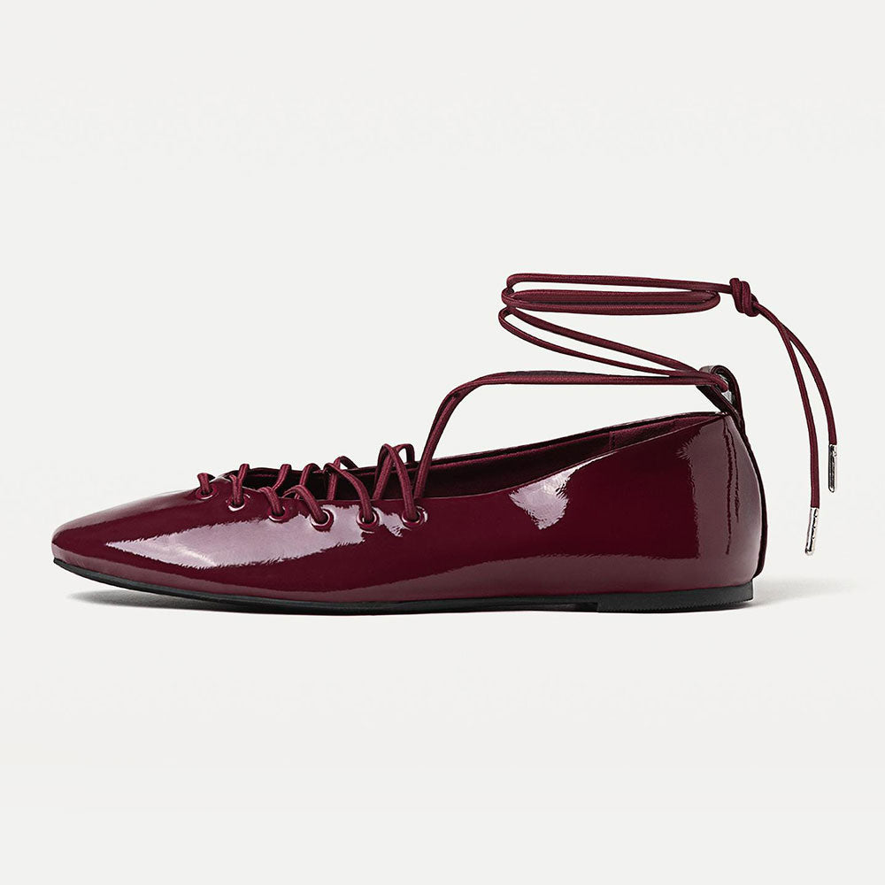 Burgundy Patent Leather Round Toe Lace-Up Ballet Flats with Straps