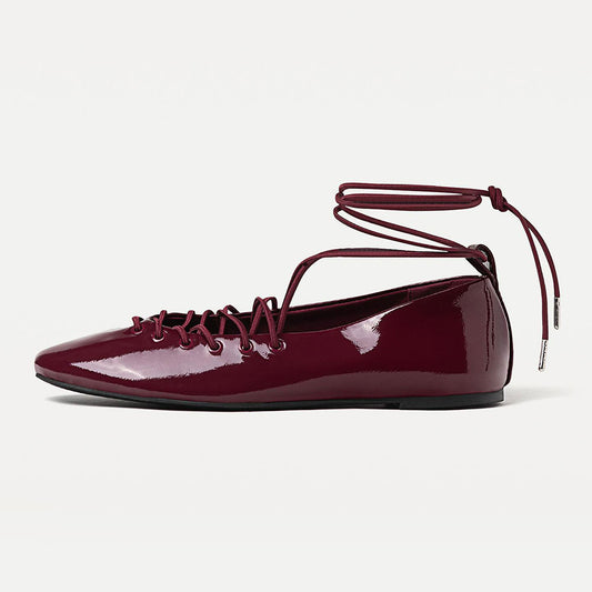 Burgundy Patent Leather Round Toe Lace-Up Ballet Flats with Straps