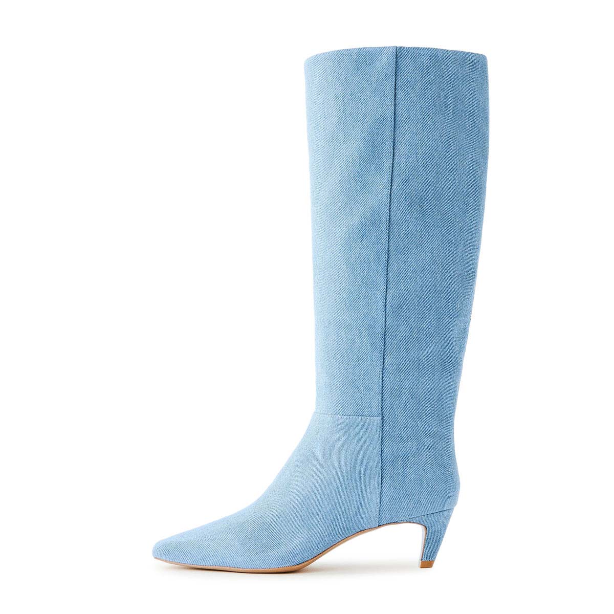 Blue Denim Square Toe Knee High Boots for Women with Kitten Heel