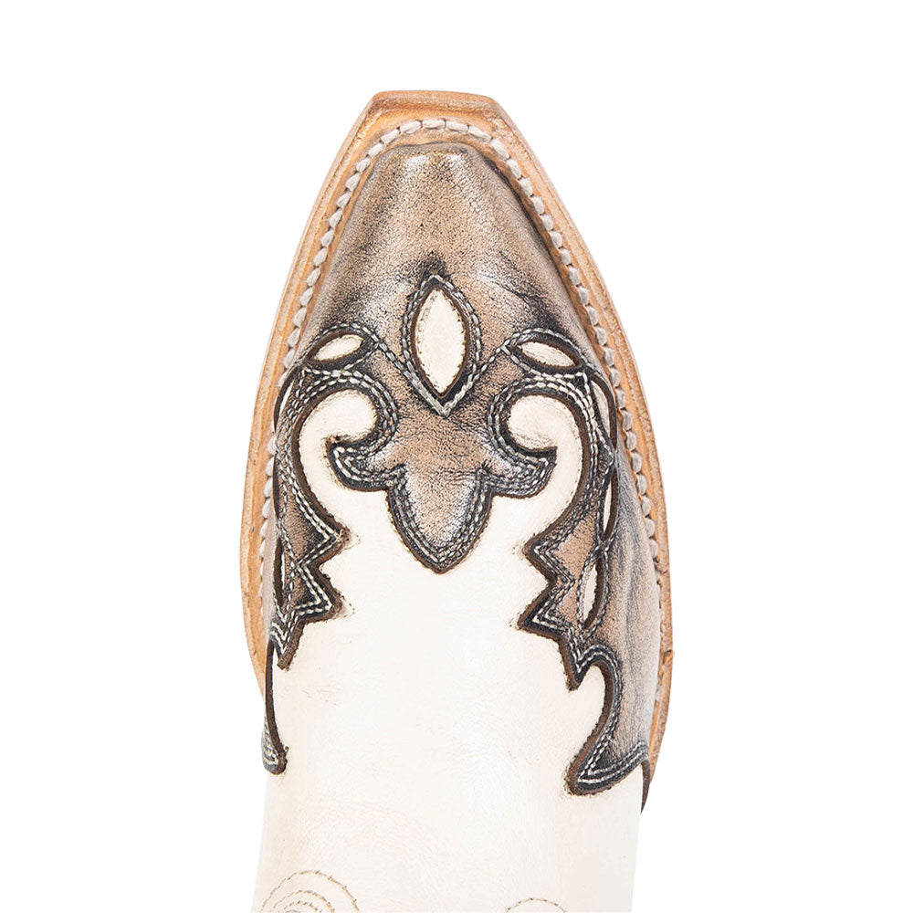 White & Brown Patchwork Snip Toe Chunky Heel Western Knee High Boots