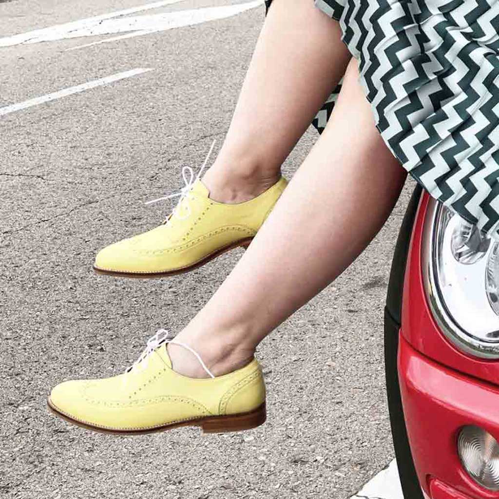 Vibrant Yellow Round Toe Brogues Flats Lace-Up Women's Oxfords