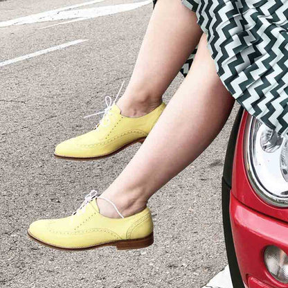 Vibrant Yellow Round Toe Brogues Flats Lace-Up Women's Oxfords