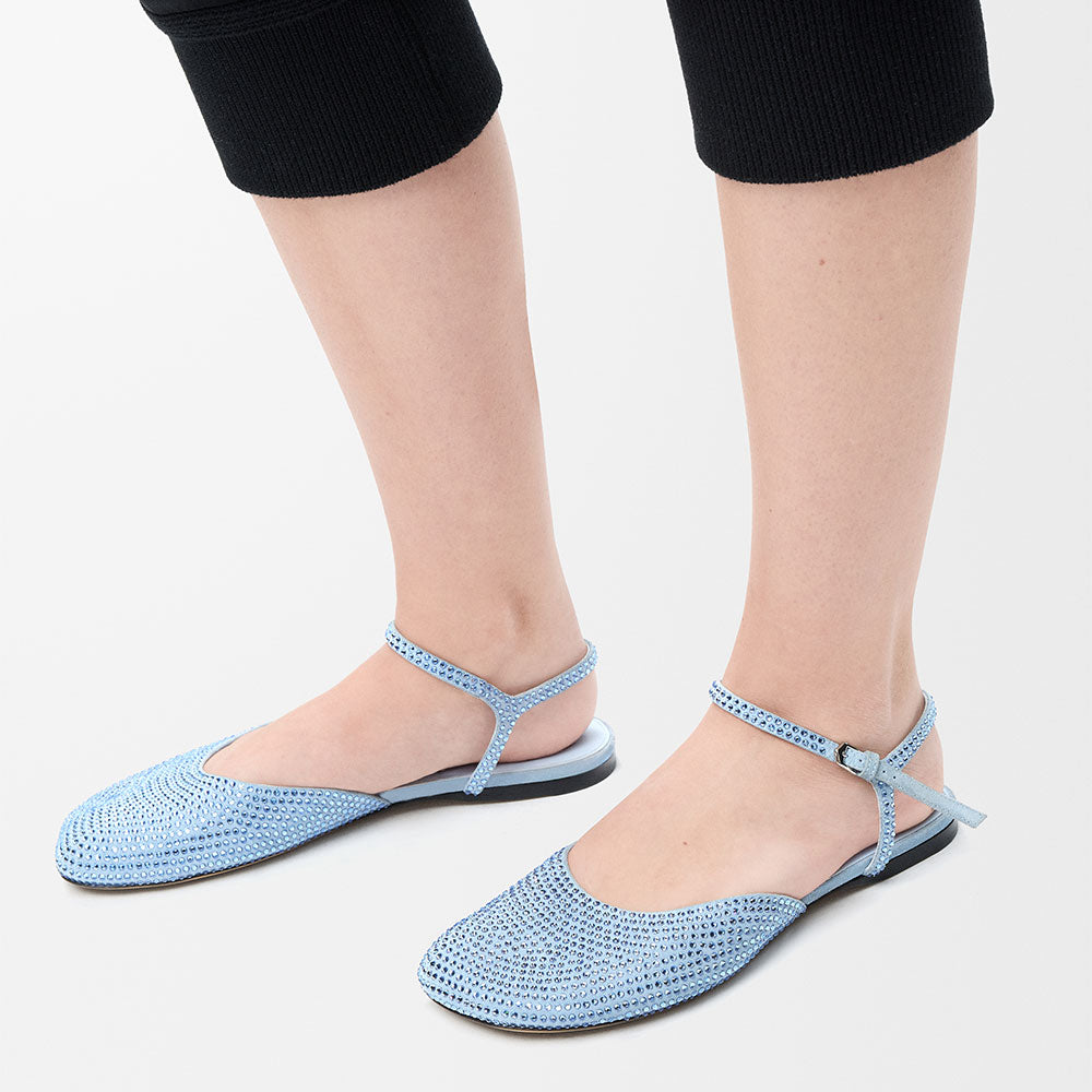 Light Blue Closed-Toe Rhinestone Embellished Ankle Strap Flats