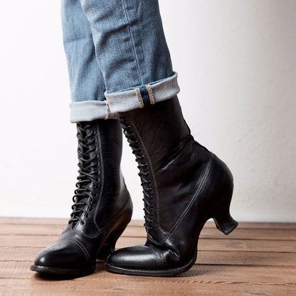 Vintage Lace-Up Almond Toe Spool Heel Mid Calf Boots in Black