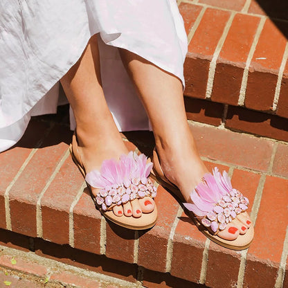Light Purple Open Toe Rhinestones Feather Flats Slingback Sandals