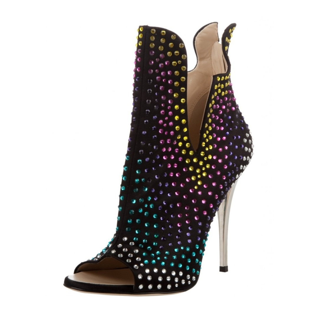 Black Heeled Booties Open Toe Cut Out Colorful Rhinestone Ankle Boots