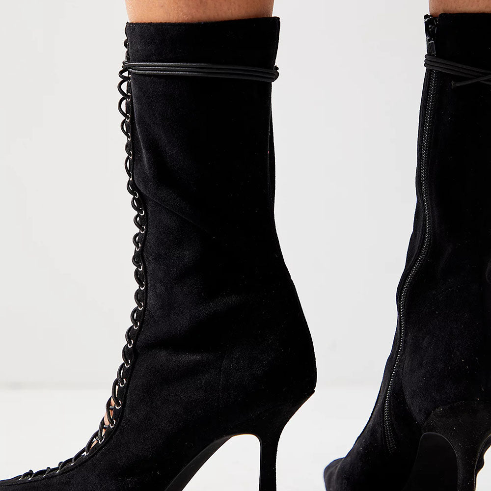 Black Faux Suede Pointed Toe 3'' Stiletto Heel Lace Up Mid Calf Boots