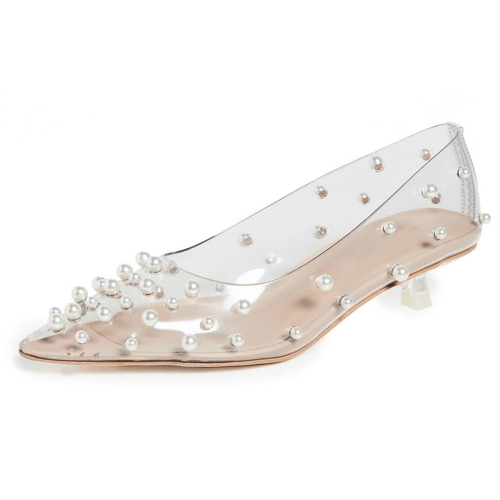 Women's Pearls Embellishment Clear Shoes Pointed Toe Kitten Heel Pumps