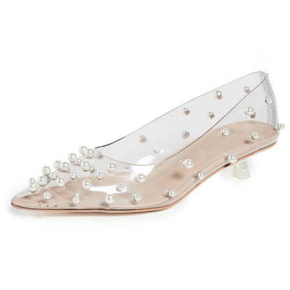Women's Pearls Embellishment Clear Shoes Pointed Toe Kitten Heel Pumps