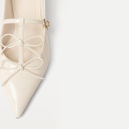 FSJ Ivory Bow Decor Buckle Strap Elegant Pointed Toe Flats