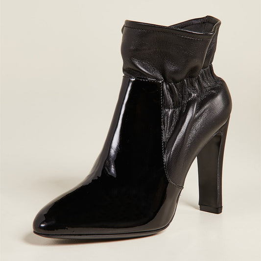 Black Patent Leather Patchwork Elastic Strap Chunky Heel Ankle Boots