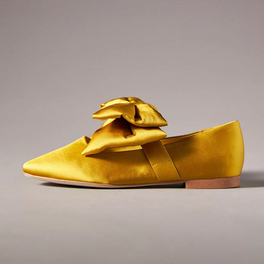 Yellow Satin Square Toe Mary Jane Flats with  Bow Decor