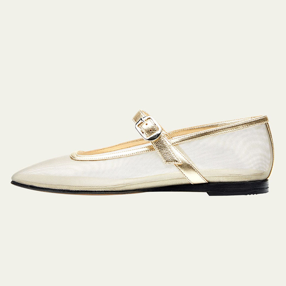 Gold Metallic Mesh Square Toe Mary Jane Flats with Buckle Strap
