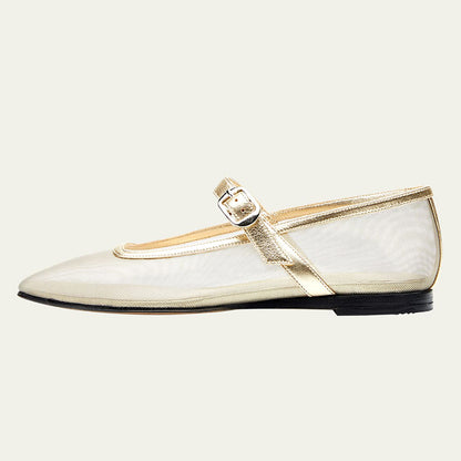 Gold Metallic Mesh Square Toe Mary Jane Flats with Buckle Strap