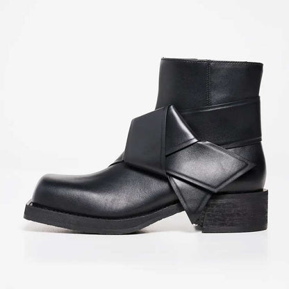 Black Square Toe Side-Zipper Ankle Boots with Front Twisted Knot