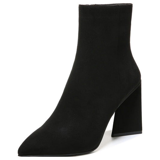 Black Faux Suede Pointed Toe Flared Heel Ankle Boots for Women