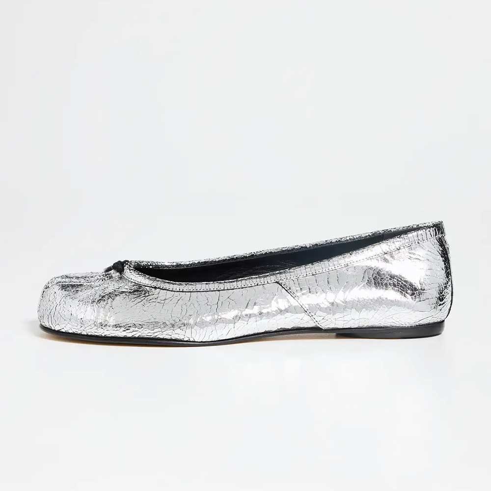 Silver Crinkled Metallic Split Round Toe Flats with Decorative Knot