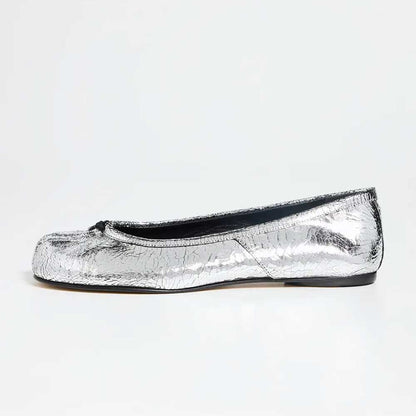 Silver Crinkled Metallic Split Round Toe Flats with Decorative Knot