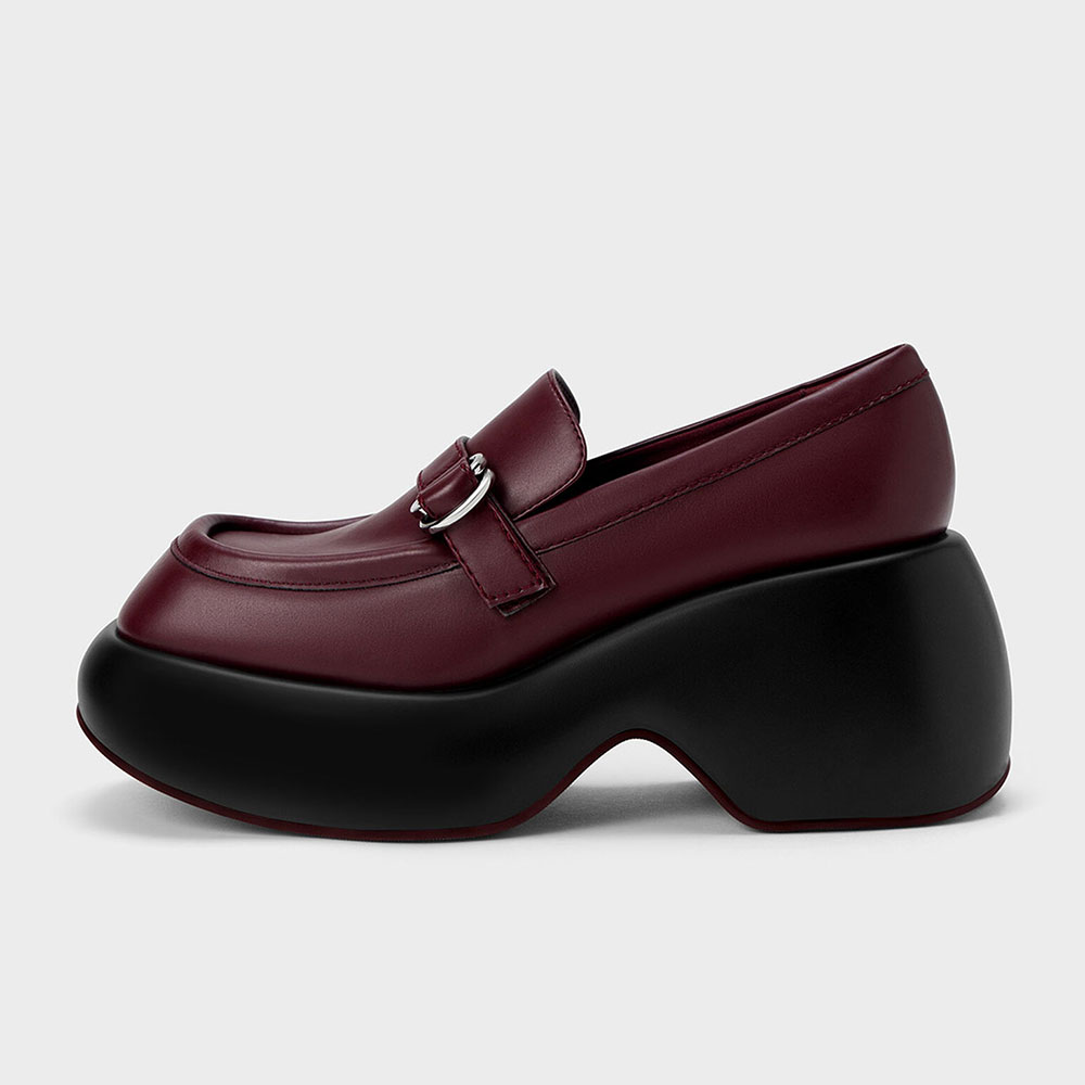 Burgundy Square Toe Chunky Heel Platform Loafers with Buckle Decor