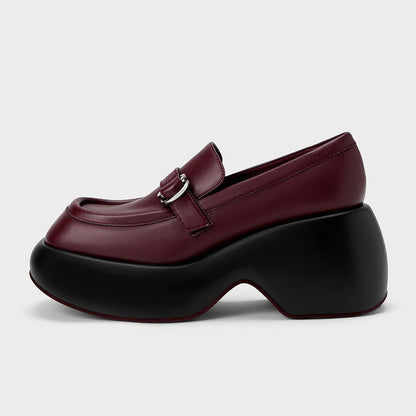 Burgundy Square Toe Chunky Heel Platform Loafers with Buckle Decor