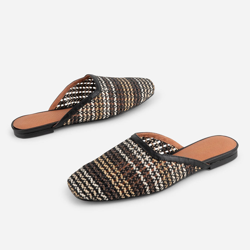 Multicolor Cut-Out Square Toe Woven Detail Casual Flat Mules