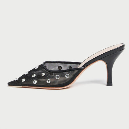 Women's Black Pointed Toe Rhinestone Embellished Mesh Mule Heels