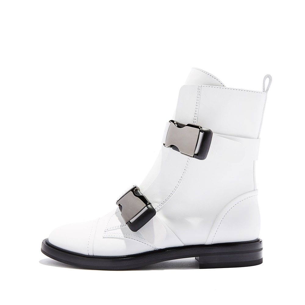 Women's White Casual Round Toe Flat Buckle Boots