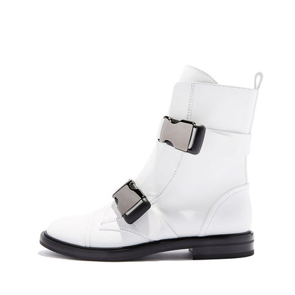 Women's White Casual Round Toe Flat Buckle Boots