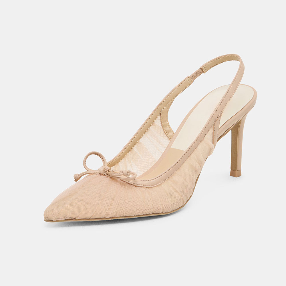 Nude Mesh Pointed Toe Pleated Detail Slingback Pumps with Bow