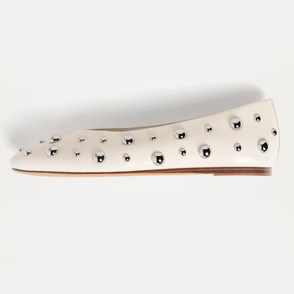 Women's Fashion Ivory Round Toe Stud Embellished Ballet Flats