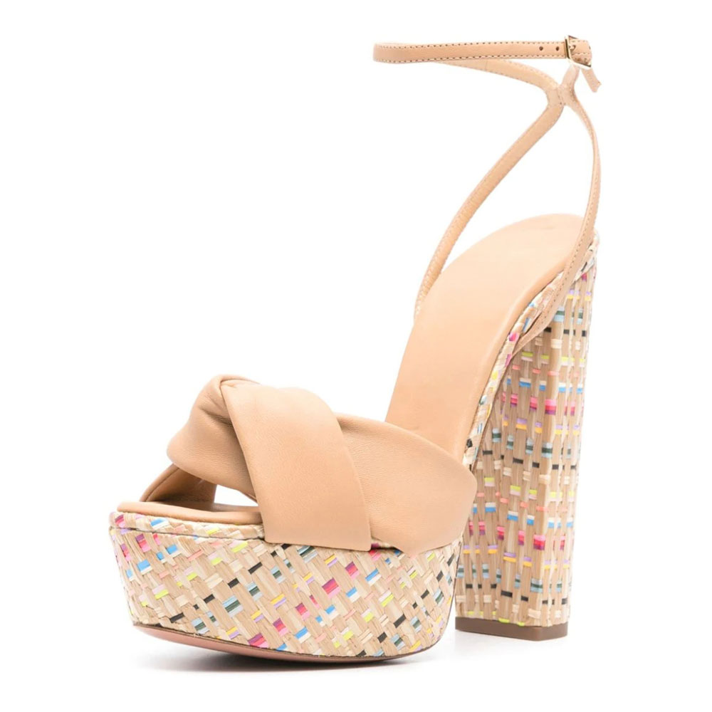 Nude Twist Band Colorful Woven Platform Ankle Strap Heeled Sandals