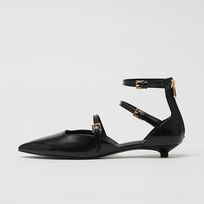 Women's Pointed Toe Buckle Multi-Strap Flat Black Pumps