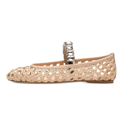 Beige Woven Round Toe Cutout Crystal Strap Flat Shoes Women