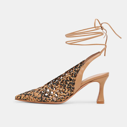 Chic Black & Nude Woven Pointed Toe Lace-Up Flared Heel Sandals