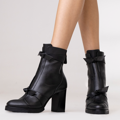 Women's Round Toe Double Knotted Block Heel Ankle Boots with Zip