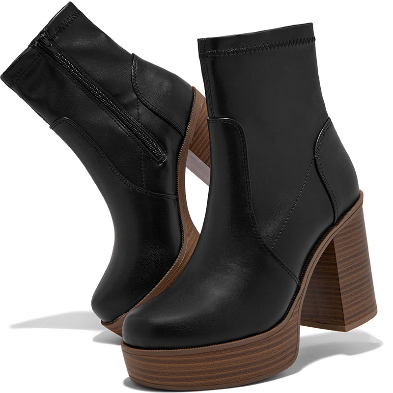 Black Chunky Heel Platform Shoes Women's Vintage Zipper Ankle Boots