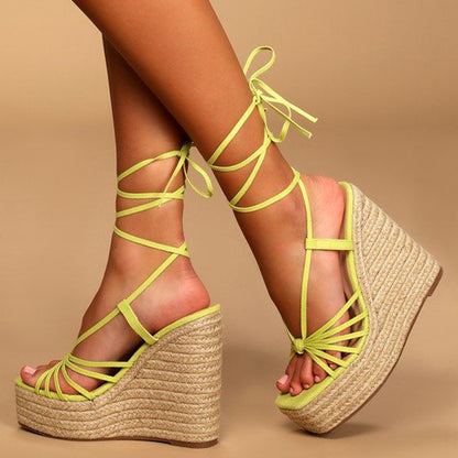 Yellow Open Toe Wedge Heel Lace Up Platform Sandals with Knot