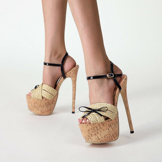 Beige & Black Woven Strap Platform Heels Ankle Strap Bow Sandals