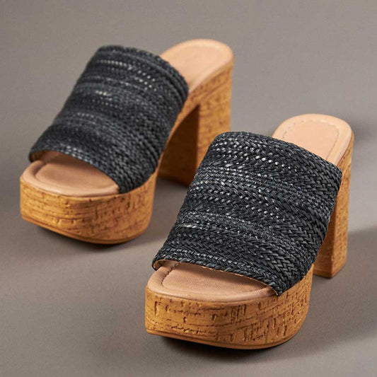 Black Woven Open Square Toe Block Heel Slip-On Platform Mules Shoes