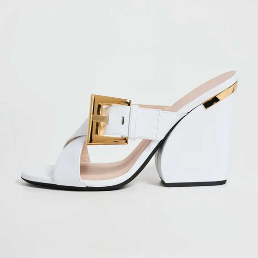 White Open Toe Gold-Tone Buckle Strap Chunky Heel Mules Sandals