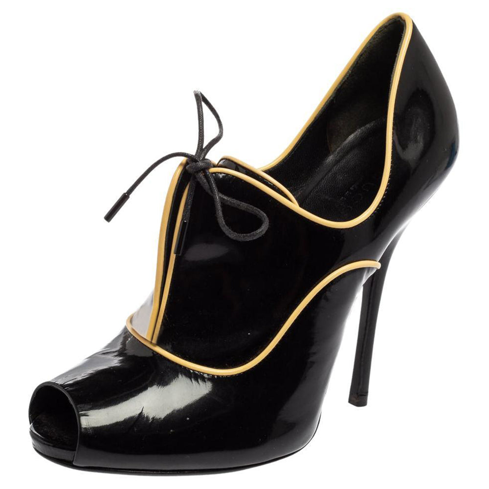 Black Patent Leather Peep Toe Stiletto Heel Lace Up Ankle Boots