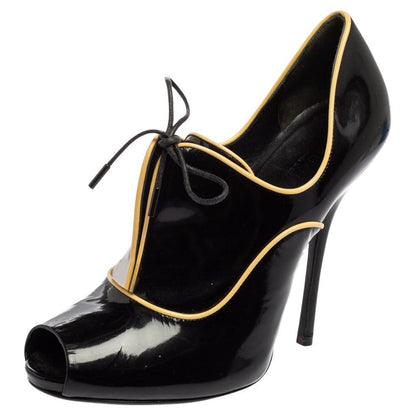 Black Patent Leather Peep Toe Stiletto Heel Lace Up Ankle Boots