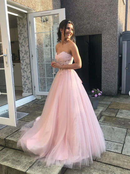 PM325,Strapless Pink Evening Formal Gown,Lace Top Long Prom Dresses