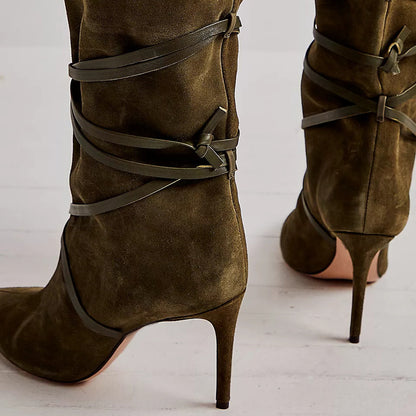 Dark Olive Vegan Suede Stiletto Heel Lace Up Detail Mid Calf Boots