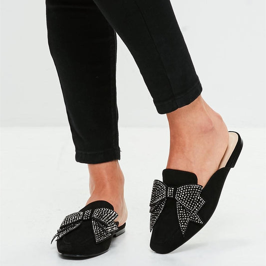 Black Vegan Suede Square Toe Mule Loafers with Rhinestone Bow
