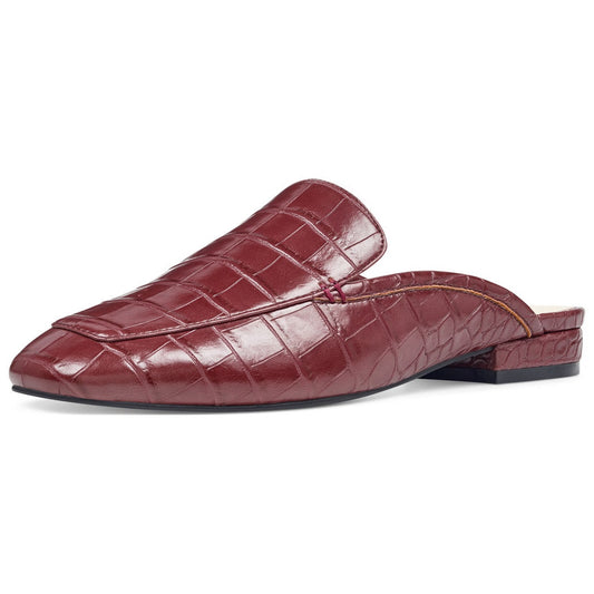 Maroon Croco Embossed Square Toe Flat Mule Loafers for Women