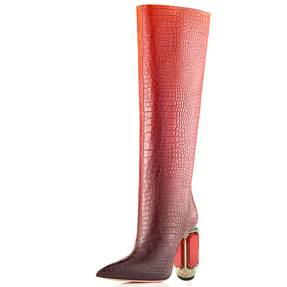 High Heeled Calf Boots Decorated Heel Red Pointed Boots
