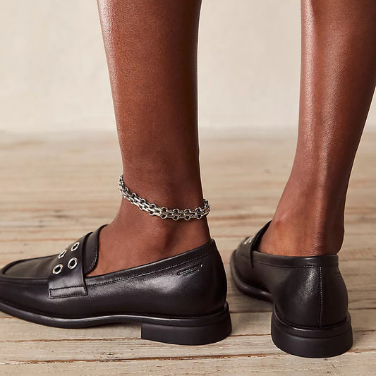 Black Square Toe Grommet Strap Design Flat Women's Loafers