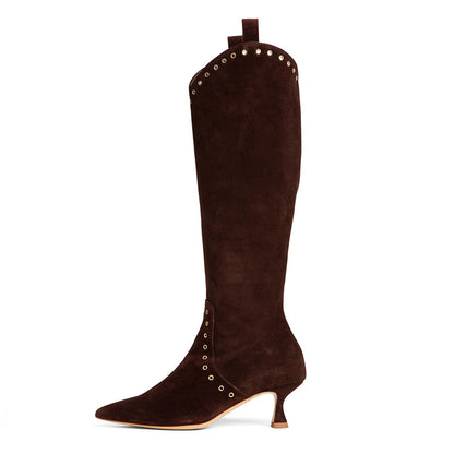 Brown Pointed Toe Spool Heel Grommet Knee High Boots for Women