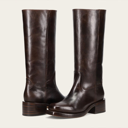 Brown Vegan Leather Pull-On Square Toe Mid Calf Boots with Block Heel